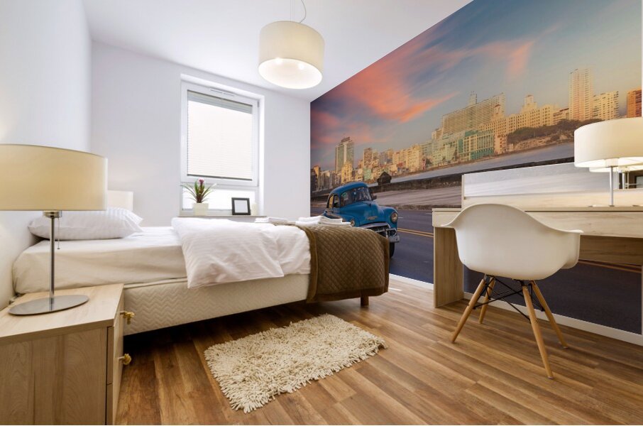 Classic Blue Car on the Malecon Mural print