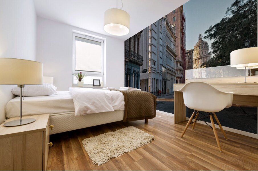 Blue Car at Sunrise Mural print