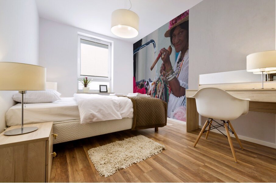 Woman With Cigar by the Wall Mural print