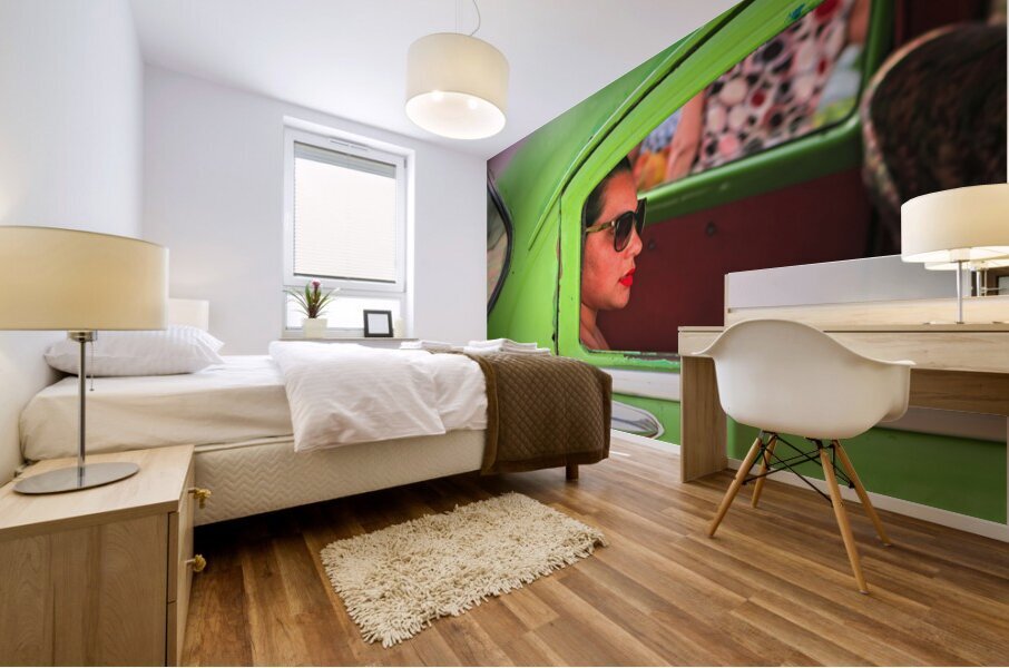 Woman in Green Car Window Mural print