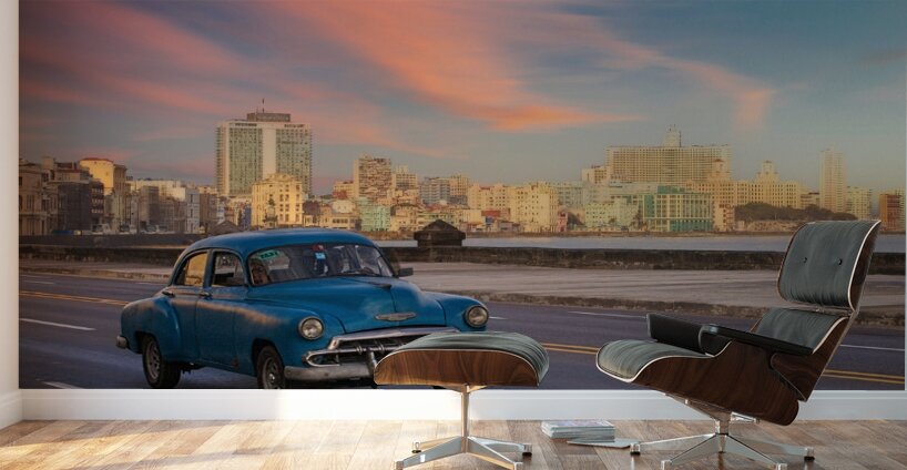 Classic Blue Car on the Malecon Wall Murals